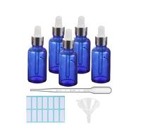 SKYPRO 5 Pack Blue Glass Dropper Bottle with 1 Funnels & 1 Dropper & 14pcs/sheet small bottle stickers 30ml Glass Bottles for Essential Oils, Liquids - Silver Cover