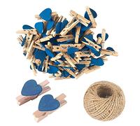 SKYPRO 50Pcs Blue Mini Wooden Heart Clothespins, Multicolor Small Clothespins with Heart, 3cm Heart Photo Clips, Tiny Clothes Pins with String for Photos Display,DIY Craft,Wedding&Baby Shower Decor