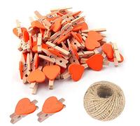 SKYPRO 50Pcs Orange Mini Wooden Heart Clothespins, Multicolor Small Clothespins with Heart, 3cm Heart Photo Clips, Tiny Clothes Pins with String for Photos Display,DIY Craft,Wedding&Baby Shower Decor