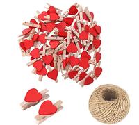 SKYPRO 50Pcs Red Mini Wooden Heart Clothespins, Multicolor Small Clothespins with Heart, 3cm Heart Photo Clips, Tiny Clothes Pins with String for Photos Display,DIY Craft,Wedding&Baby Shower Decor