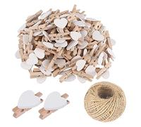 SKYPRO 50Pcs White Mini Wooden Heart Clothespins, Multicolor Small Clothespins with Heart, 3cm Heart Photo Clips, Tiny Clothes Pins with String for Photos Display,DIY Craft,Wedding&Baby Shower Decor