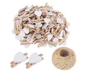 SKYPRO 50Pcs White Mini Wooden Heart Clothespins, Multicolor Small Clothespins with Heart, 3cm Heart Photo Clips, Tiny Clothes Pins with String for Photos Display,DIY Craft,Wedding&Baby Shower Decor