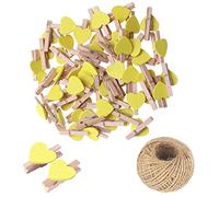 SKYPRO 50Pcs Yellow Mini Wooden Heart Clothespins, Multicolor Small Clothespins with Heart, 3cm Heart Photo Clips, Tiny Clothes Pins with String for Photos Display,DIY Craft,Wedding&Baby Shower Decor