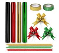 SKYPRO Metallic Wrapping Paper Set, 4 Rolls Gift Wrap with Tape & Bows | 43x366cm, black/green/gold/red, Glitter tape, 3 color Foil tinsel bows, For Christmas Birthday Wedding Valentine Bouquet DIY