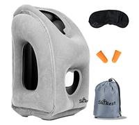 Skyrest Inflatable Travel Pillow - Airplane Pillow for Neck Support on Long Flights, Buses, Cars, Office & Trains - Comes with Eye Mask, Earplugs & Portable Drawstring Bag - Grey