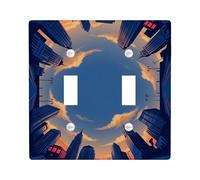 Skyscrapers Double Light Switch Cover Plate, Urban Contemporary Clouds Buildings Summer Blue Plastic Standard Size Decorative Wall Plates for Bedroom Bathroom Kitchen Entrance Decor