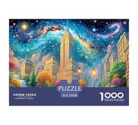 Skyscrapers, Waterfall Under Galactic Night 1000-Piece Jigsaw Puzzle Fantasy Architecture for Adults & Kids Age 12+ - Challenging & Brainteasing Game 52x38cm/1000pcs