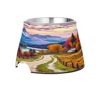 SKYSHU Beautiful Scenery Elevated Dog Bowls, Prevention of Vertebrae Disease Raised Dog & Cat Bowl Stand with Removable Stainless Steel Bowls, Non-Slip Spill-Proof Pet Food & Water Bowl Dish