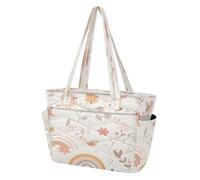 SKYSHU Bird Rainbow Puffy Tote Bag for Women, Lightweight Quilted Work Tote with Laptop Compartment & Multi Zipper Pockets, Carry On Bag with Luggage Sleeve for Travel, Gym