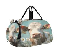 SKYSHU Cow Flower Large Waterproof Weekender Overnight Bag, Detachable Shoulder Strap Gym Bag with Shoe Compartment & Wet Pocket