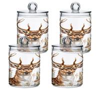 SKYSHU Deer Airtight Clear Plastic Food Storge Jars for Tea Sugar 4 Pack, 420 ml/14 oz Qtip Holder Dispenser with Lid, Clear Bathroom Storage Canister for Cotton Ball, Cotton Swab