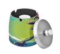 SKYSHU Dinosaur Ashtray with Detachable Lid and Anti-Skid Pad, Scrath-Resistant Stainless Steel Cigarette Ashtray Smokeless Odorless Windproof Cigar Ash Tray for Smoker Indoor Outdoor Use