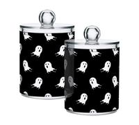 SKYSHU Halloween Ghost Airtight Clear Plastic Food Storge Jars for Tea Sugar 2 Pack, 420 ml/14 oz Qtip Holder Dispenser with Lid, Clear Bathroom Storage Canister for Cotton Ball, Cotton Swab