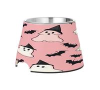 SKYSHU Halloween Ghost Bat Elevated Dog Bowls, Prevention of Vertebrae Disease Raised Dog & Cat Bowl Stand with Removable Stainless Steel Bowls, Non-Slip Spill-Proof Pet Food & Water Bowl Dish