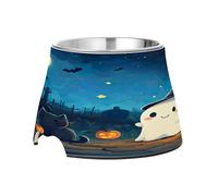 SKYSHU Halloween Ghost Elevated Dog Bowls, Prevention of Vertebrae Disease Raised Dog & Cat Bowl Stand with Removable Stainless Steel Bowls, Non-Slip Spill-Proof Pet Food & Water Bowl Dish