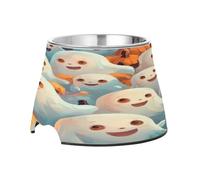SKYSHU Halloween Ghost Pumpkin Elevated Dog Bowls, Prevention of Vertebrae Disease Raised Dog & Cat Bowl Stand with Removable Stainless Steel Bowls, Non-Slip Spill-Proof Pet Food & Water Bowl Dish