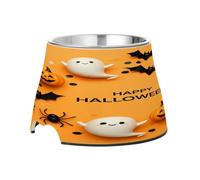 SKYSHU Halloween Ghosts Bats Elevated Dog Bowls, Prevention of Vertebrae Disease Raised Dog & Cat Bowl Stand with Removable Stainless Steel Bowls, Non-Slip Spill-Proof Pet Food & Water Bowl Dish