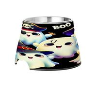 SKYSHU Halloween Ghosts Elevated Dog Bowls, Prevention of Vertebrae Disease Raised Dog & Cat Bowl Stand with Removable Stainless Steel Bowls, Non-Slip Spill-Proof Pet Food & Water Bowl Dish