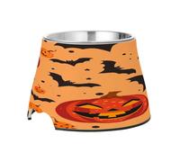 SKYSHU Halloween Pumpkin Bat Elevated Dog Bowls, Prevention of Vertebrae Disease Raised Dog & Cat Bowl Stand with Removable Stainless Steel Bowls, Non-Slip Spill-Proof Pet Food & Water Bowl Dish