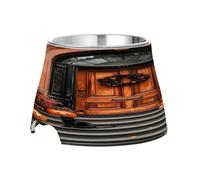 SKYSHU Halloween Pumpkin Door Elevated Dog Bowls, Prevention of Vertebrae Disease Raised Dog & Cat Bowl Stand with Removable Stainless Steel Bowls, Non-Slip Spill-Proof Pet Food & Water Bowl Dish