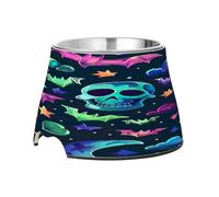 SKYSHU Halloween Skull Bat Elevated Dog Bowls, Prevention of Vertebrae Disease Raised Dog & Cat Bowl Stand with Removable Stainless Steel Bowls, Non-Slip Spill-Proof Pet Food & Water Bowl Dish