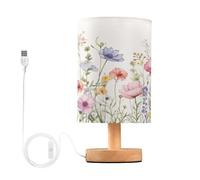 SKYSHU Herbal Wildflowers Bedside Table Lamp, Small LED Desk Light USB Nightstand Lamp with Non Slip Wood Base & Eye-Friendily Lampshade for Living Room Bedroom Dorm Home Office Desk Decor