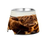 SKYSHU Highland Cow Elevated Dog Bowls, Prevention of Vertebrae Disease Raised Dog & Cat Bowl Stand with Removable Stainless Steel Bowls, Non-Slip Spill-Proof Pet Food & Water Bowl Dish
