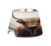 SKYSHU Highland Cow Elevated Dog Bowls, Prevention of Vertebrae Disease Raised Dog & Cat Bowl Stand with Removable Stainless Steel Bowls, Non-Slip Spill-Proof Pet Food & Water Bowl Dish