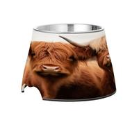SKYSHU Highland Cow Elevated Dog Bowls, Prevention of Vertebrae Disease Raised Dog & Cat Bowl Stand with Removable Stainless Steel Bowls, Non-Slip Spill-Proof Pet Food & Water Bowl Dish
