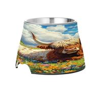 SKYSHU Highland Cow Elevated Dog Bowls, Prevention of Vertebrae Disease Raised Dog & Cat Bowl Stand with Removable Stainless Steel Bowls, Non-Slip Spill-Proof Pet Food & Water Bowl Dish