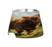 SKYSHU Highland Cow Elevated Dog Bowls, Prevention of Vertebrae Disease Raised Dog & Cat Bowl Stand with Removable Stainless Steel Bowls, Non-Slip Spill-Proof Pet Food & Water Bowl Dish