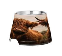 SKYSHU Highland Cow Elevated Dog Bowls, Prevention of Vertebrae Disease Raised Dog & Cat Bowl Stand with Removable Stainless Steel Bowls, Non-Slip Spill-Proof Pet Food & Water Bowl Dish