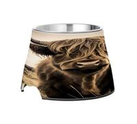 SKYSHU Highland Cow Elevated Dog Bowls, Prevention of Vertebrae Disease Raised Dog & Cat Bowl Stand with Removable Stainless Steel Bowls, Non-Slip Spill-Proof Pet Food & Water Bowl Dish