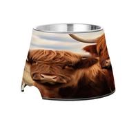 SKYSHU Highland Cow Elevated Dog Bowls, Prevention of Vertebrae Disease Raised Dog & Cat Bowl Stand with Removable Stainless Steel Bowls, Non-Slip Spill-Proof Pet Food & Water Bowl Dish