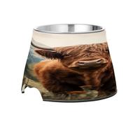 SKYSHU Highland Cow Elevated Dog Bowls, Prevention of Vertebrae Disease Raised Dog & Cat Bowl Stand with Removable Stainless Steel Bowls, Non-Slip Spill-Proof Pet Food & Water Bowl Dish