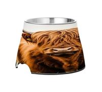SKYSHU Highland Cow Elevated Dog Bowls, Prevention of Vertebrae Disease Raised Dog & Cat Bowl Stand with Removable Stainless Steel Bowls, Non-Slip Spill-Proof Pet Food & Water Bowl Dish
