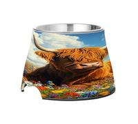 SKYSHU Highland Cow Elevated Dog Bowls, Prevention of Vertebrae Disease Raised Dog & Cat Bowl Stand with Removable Stainless Steel Bowls, Non-Slip Spill-Proof Pet Food & Water Bowl Dish