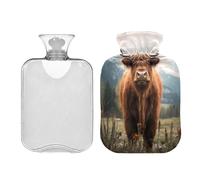 SKYSHU Highland Cow Hot Water Bottle, 2L Transparent Leakproof Hot Water Bag Washable Heat Resistant Water Bottle with Soft Plush Cover for Menstrual Cramps Neck and Shoulder Pain Relief