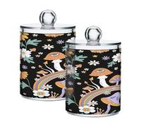SKYSHU Magic Mushroom Airtight Clear Plastic Food Storge Jars for Tea Sugar 2 Pack, 420 ml/14 oz Qtip Holder Dispenser with Lid, Clear Bathroom Storage Canister for Cotton Ball, Cotton Swab