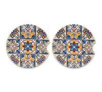 SKYSHU Mexican Talavera Round Car Coasters for Drinks Set of 2, Absorbent Ceramic Stone Car Cup Holder with Cork Base & Fingertip Grip for Easy Moving Cleaning, 2.5 Inch/6.5 cm