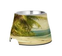 SKYSHU Palm Tree Beach Elevated Dog Bowls, Prevention of Vertebrae Disease Raised Dog & Cat Bowl Stand with Removable Stainless Steel Bowls, Non-Slip Spill-Proof Pet Food & Water Bowl Dish