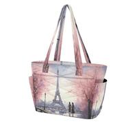 SKYSHU Paris Eiffel Tower Puffy Tote Bag for Women, Lightweight Quilted Work Tote with Laptop Compartment & Multi Zipper Pockets, Carry On Bag with Luggage Sleeve for Travel, Gym