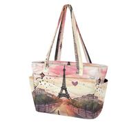 SKYSHU Paris Eiffel Tower Puffy Tote Bag for Women, Lightweight Quilted Work Tote with Laptop Compartment & Multi Zipper Pockets, Carry On Bag with Luggage Sleeve for Travel, Gym