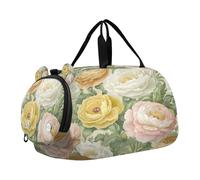 SKYSHU Peony Flower Large Waterproof Weekender Overnight Bag, Detachable Shoulder Strap Gym Bag with Shoe Compartment & Wet Pocket