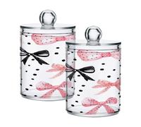 SKYSHU Pink Bow Airtight Clear Plastic Food Storge Jars for Tea Sugar 2 Pack, 420 ml/14 oz Qtip Holder Dispenser with Lid, Clear Bathroom Storage Canister for Cotton Ball, Cotton Swab