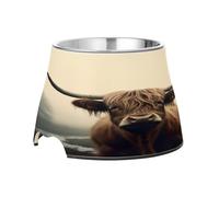 SKYSHU Scottish Highland Cow Elevated Dog Bowls, Prevention of Vertebrae Disease Raised Dog & Cat Bowl Stand with Removable Stainless Steel Bowls, Non-Slip Spill-Proof Pet Food & Water Bowl Dish
