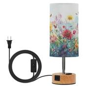 SKYSHU Spring Wildflower Bedside Table Lamp for Bedroom, 3 Way Dimmable Touch LED Nightstand Desk Lamp with USB C Charging Ports & Wood Base Round Lampshade for Nursery Living Room Dorm