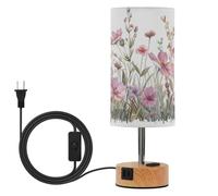 SKYSHU Spring Wildflower Bedside Table Lamp for Bedroom, 3 Way Dimmable Touch LED Nightstand Desk Lamp with USB C Charging Ports & Wood Base Round Lampshade for Nursery Living Room Dorm