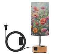 SKYSHU Spring Wildflower Bedside Table Lamp for Bedroom, 3 Way Dimmable Touch LED Nightstand Desk Lamp with USB C Charging Ports & Wood Base Round Lampshade for Nursery Living Room Dorm