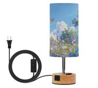 SKYSHU Spring Wildflower Bedside Table Lamp for Bedroom, 3 Way Dimmable Touch LED Nightstand Desk Lamp with USB C Charging Ports & Wood Base Round Lampshade for Nursery Living Room Dorm